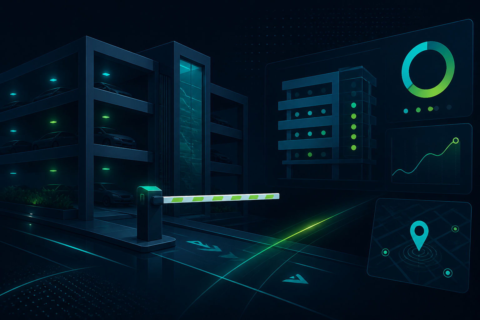 Custom parking management system with occupancy monitoring, access control, and operator dashboard